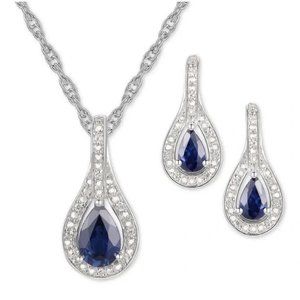 Macy's Silver-Tone Teardrop Necklace and Earring Set with Sapphire-Blue Stones